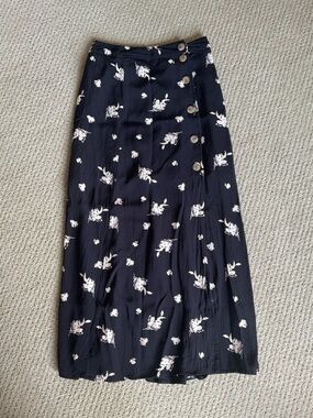Something Navy Black Midi Skirt with White Floral Print & Side Buttons